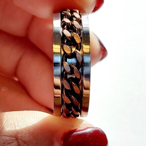 Mens Titanium Ring Sz 12.75 Jewelry Band Coffee Tone Steel Cuban Link Inlay - Picture 3 of 6